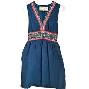 Lauren Moffett Anthropolgie Denim Blue Red Embroidered Dress Women’s Sz 2